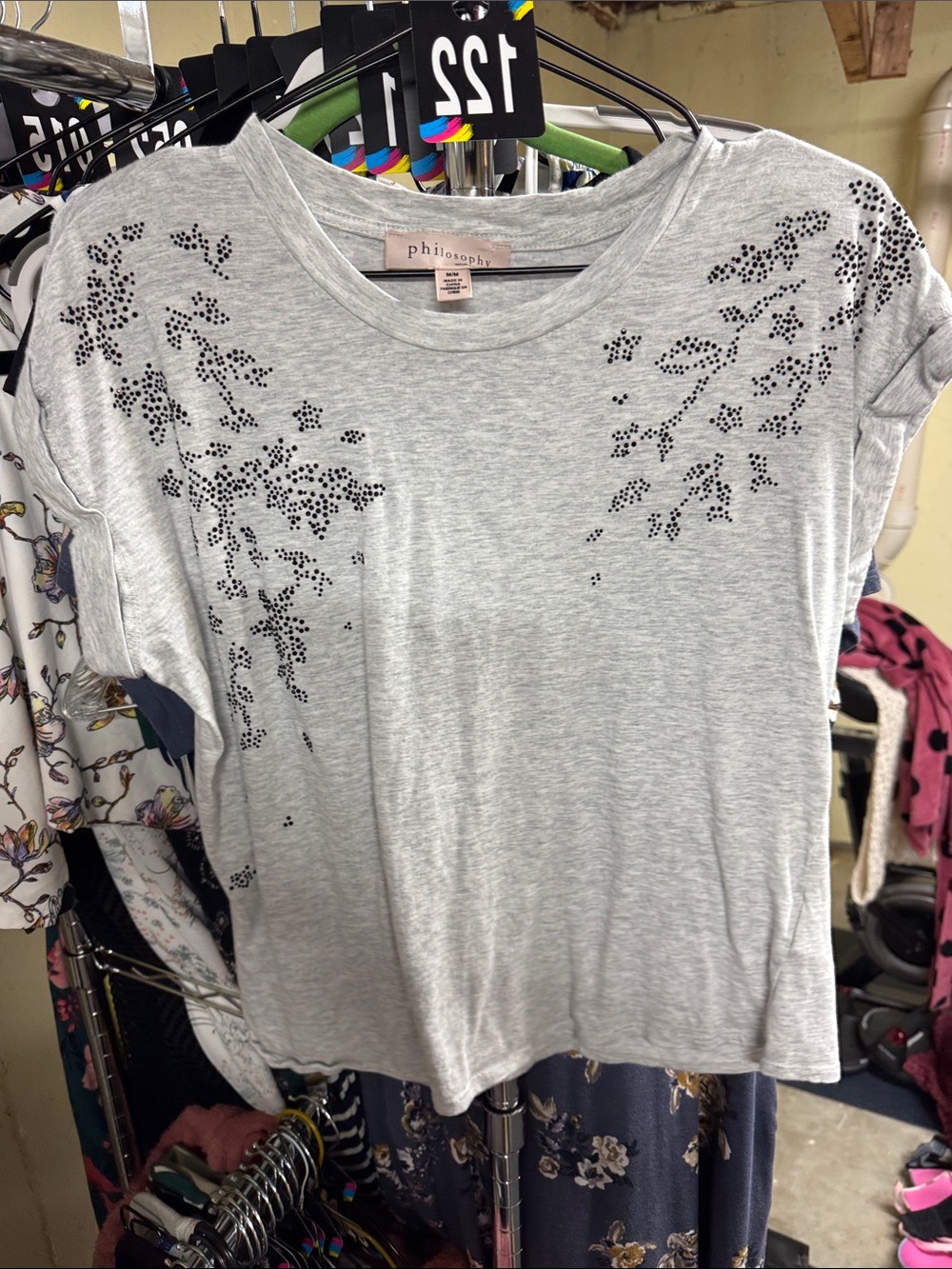 Philosophy Light Gray Short Sleeve Tee with Black Stud Floral Accents